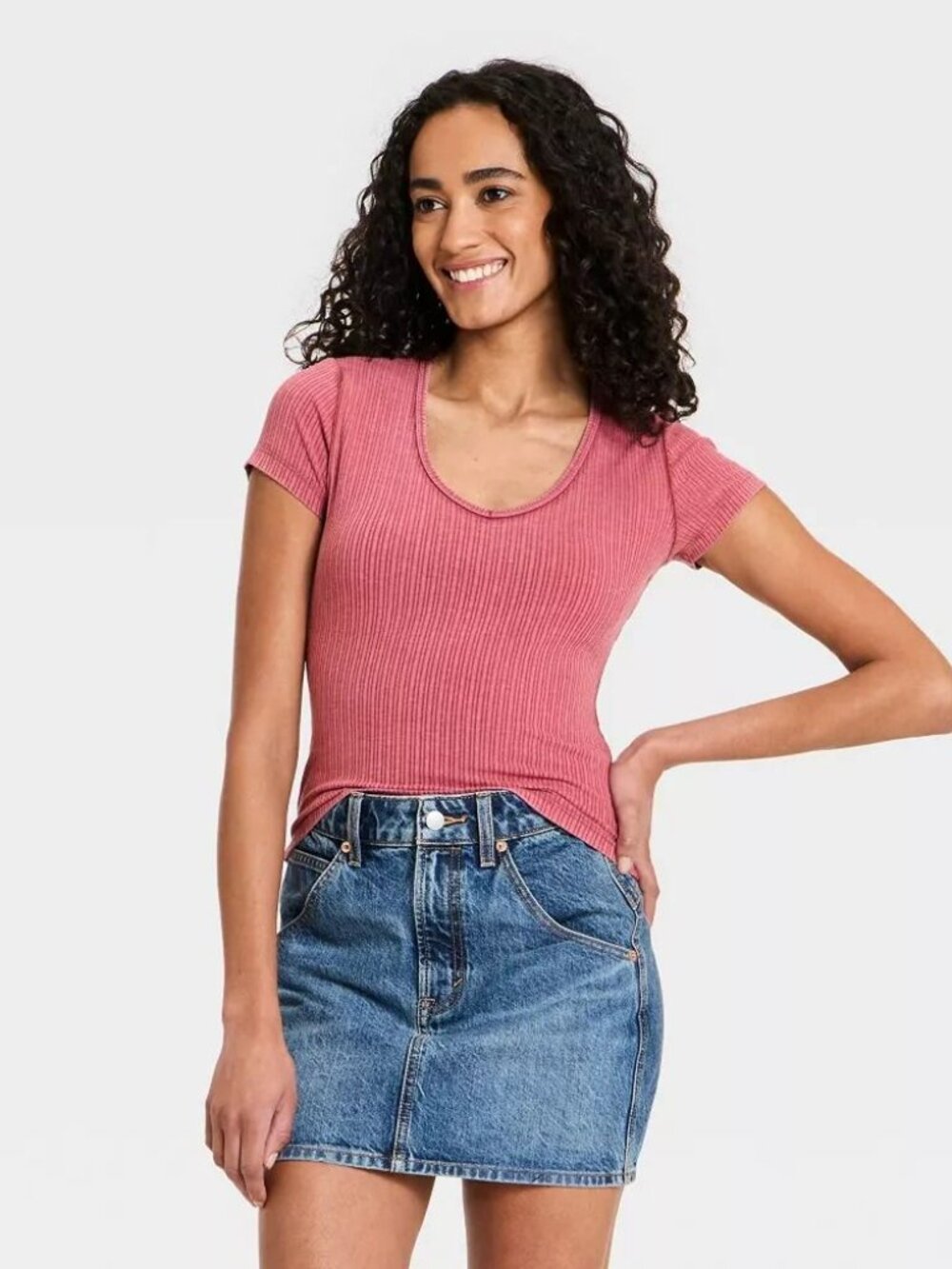 Women's Short Sleeve Rib V-Neck T-Shirt - Universal Thread Pink XL